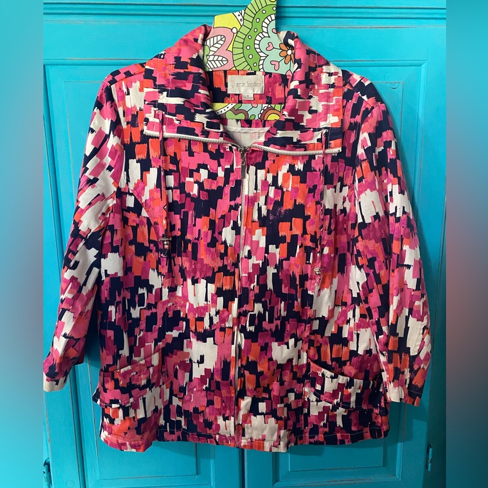 Cotton Stretch Jacket Pockets Statement Collar Zip Designer Pink Blue Print